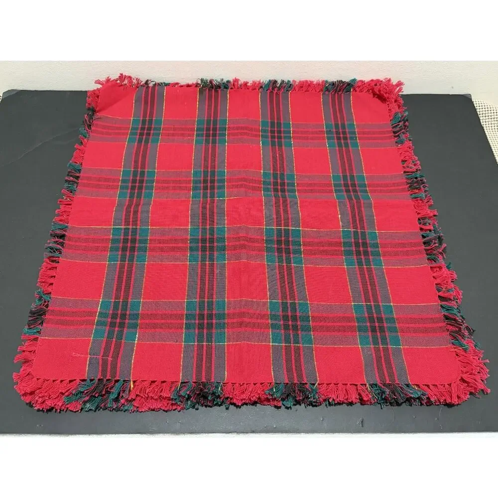 Vintage Kmart Red Tartan Plaid Placemats Set of 6 Square Woven Fringe Table